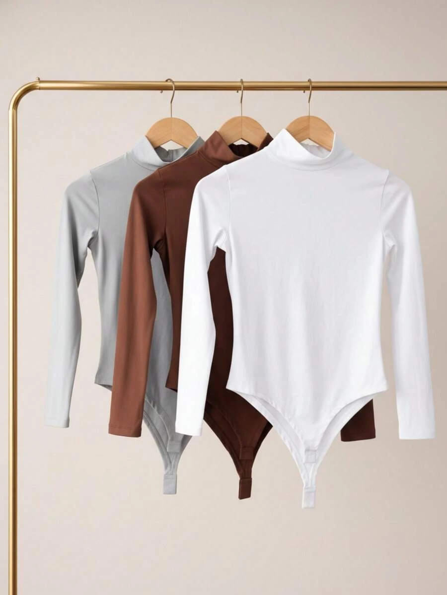 Women's Bodysuit Kit, High Neck, Long Sleeve, Second Skin, Basic, Versatile, Fashion Blogger Style, - GRAY-cOFFEE-wHITE - View 1