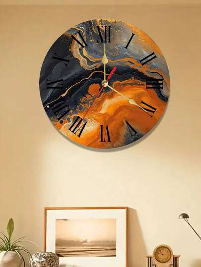 1pc 10/12 Inch Round Wooden Wall Clock, Marble Style Orange Unique Home Decor, Gray Home Decor, Contemporary New Home Or Office Gift
