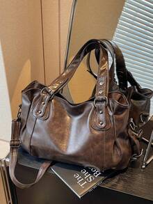 1pc Vintage Large Capacity Handbag, Vintage PU Messenger Shoulder Bag, Women Casual Tote Bag & Wallet, Bohemia Style Bag For Women, Tote Bags For School,College Essentials, Street & Japanese Bag For Women, New Fashionable Big Bags For Women, New Arrival Tote Bags For Woman , Vintage Bag , Y2k , Office - 咖啡棕 - 查看 10