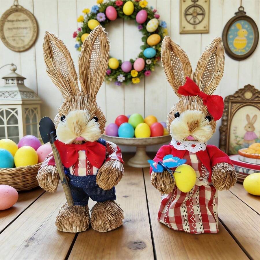 Easter Rabbit Table Decorations Cute Straw Mini Bunny Figurines Tabletop Centerpieces For Home Spring Party - D - View 1