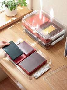 1 pieza Caja de archivo transparente tamaño A4 con asa, caja de almacenamiento de plástico PET, portador de tarjeta de identificación, contenedor de almacenamiento apilable portátil para papeles, revistas, fotos y documentos, caja de almacenamiento transparente adecuada para el hogar, la oficina y la escuela - transparente - Ver 3