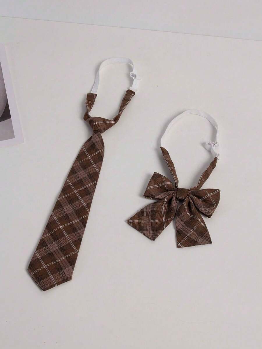 1 Set Classic School Uniform Plaid Tie & Bow Tie Combo - Multicolor - View 1