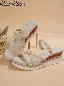 Foot Flair Plus Size Women's Woven Strap Open Toe Rope Sole Wedge Platform Sandals Beach Vacation Style Spring Summer Fashion Versatile Comfortable Roman Sandals - Beige - View 6