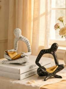 1pc Vintage Literary Figure Sculpture Decor - Printed Book Lover Figurine, Creative Desktop Organizer Tray For Living Room/Office, Elegant Resin Material Decor With Gold Accents, Suitable As Home Decor Gift For Book Enthusiasts - Alphabet Book - View 2