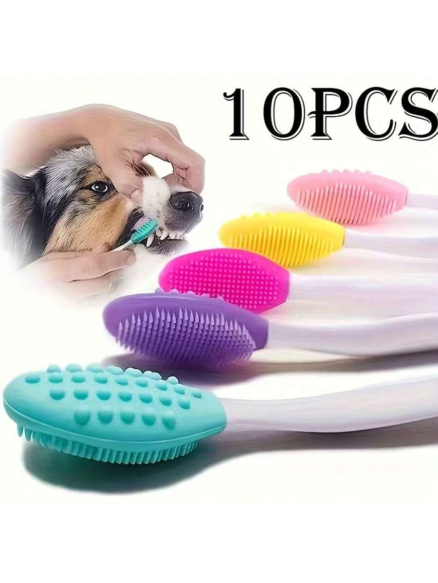 10pcs Dog Toothbrush Set | 360° Cleaning Teeth And Tongue Dirt, Long Curved Handle Deepens The Back Teeth, Easy To Hard-To- Areas, Suitable For Dogs And Cats, Silicone Bristles And Handle, Without Battery - Multicolor - View 1