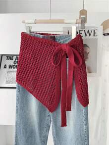 1件镂空网纱不对称下摆半身裙，时尚显瘦，可叠穿，系带腰身，及膝长度 - 彩色 - 查看 3