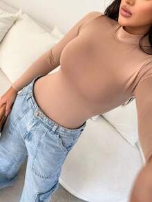 Women's Bodysuit Kit, High Neck, Long Sleeve, Second Skin, Basic, Versatile, Fashion Blogger Style, - 米色-黑色-白色 - 查看 3