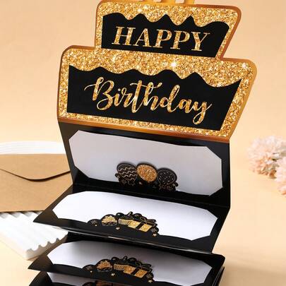 Bộ 1 thiệp chúc mừng sinh nhật gấp bằng tiền mặt màu đen vàng kèm phong bì, thiệp chúc mừng sinh nhật gấp bằng giấy họa tiết bánh sinh nhật màu hồng vàng, quà tặng tiền mặt bất ngờ cho bữa tiệc sinh nhật, thiệp chúc mừng kỷ niệm bằng tiền mặt gấp, đồ trang trí sinh nhật bằng tiền mặt, đồ trang trí tiệc sinh nhật, thiệp chúc mừng sinh nhật gấp kèm phong bì - Cách tặng quà tiền mặt thú vị, đồ trang trí sinh nhật, quà tặng sinh nhật, quà tặng tiệc tùng.