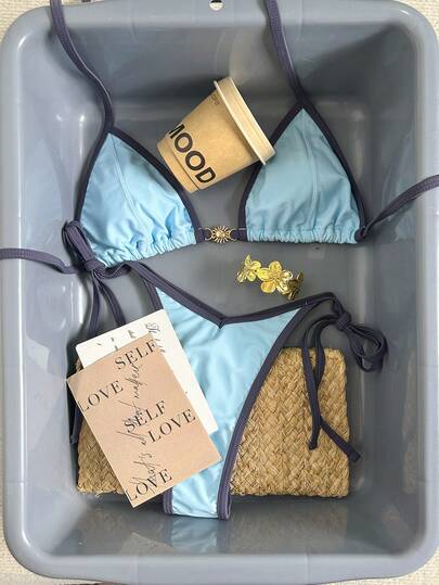 女士泳衣比基尼套装，可爱海洋浅蓝色拼接设计，适合夏季度假、海滩、音乐节、波西米亚风格、春夏沙滩装