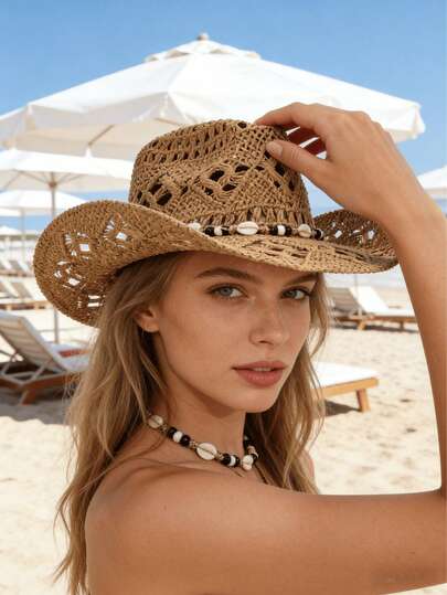 1 pieza Sombrero de sol de paja con diseño hueco de conchas estilo bohemio, sombrero de vaquera occidental para la playa, adecuado para el Día de la Madre, Pascua, vacaciones, sesión de fotos