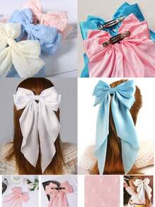6个缎面蝴蝶结真丝发夹，雪纺发圈，优雅百搭，适合日常佩戴、派对、婚礼、约会等场合。 - 彩色 - 查看 4