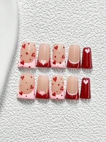 10片浪漫法式亚克力美甲套装，手绘不对称粉色爱心美甲装饰，浅粉色法式甲尖，红色波点，红色指甲油，简约春季美甲，包含美甲工具（1个果冻贴纸+1个指甲锉），三种尺寸：杏仁形、鸭嘴形、棺材形，手工按压式美甲贴片 - 彩色 - 查看 12
