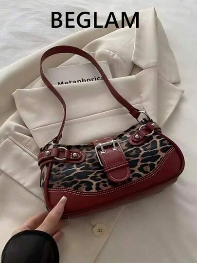 New Fashion Buckle Leopard Print Handbag/Shoulder Bag, Suitable For Party, Outing, Vacation, Shopping And Daily Use, Can Store Coins, Phones, Also Suitable As Office Lady, College Student And Professional Women's Work Bag, Elegant Ladies Bag.
