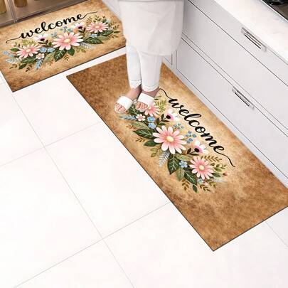 1 قطعة بساط مدخل مطبوع بنمط زهري عتيق، سجادة مطبخ من الجل السيليكوني، بساط مستطيل قابل للغسيل للغرفة المعيشة والنوم والممر والحمام وغرفة الغسيل - سجادة بوليستر للديكور الداخلي والخارجي للمنزل
