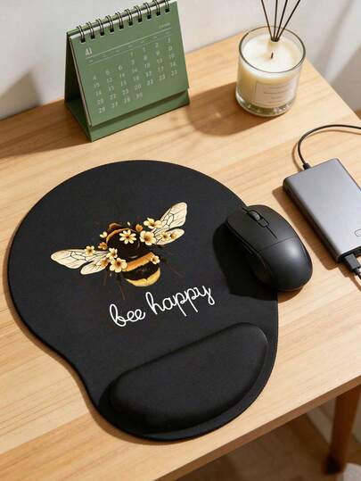 Ergonomic Wrist Support Square Mouse Pad, Cute Bee Pattern Design, Printed With The Letters "Bee Happy". Spring Atmosphere; High Quality Eva Material, Comfortable And Soft, Good Air Permeability, Durable Elastic, Durable Anti Slip Memory Foam Mouse Pad, Heat Insulation Pad, Comfortable Wrist Support