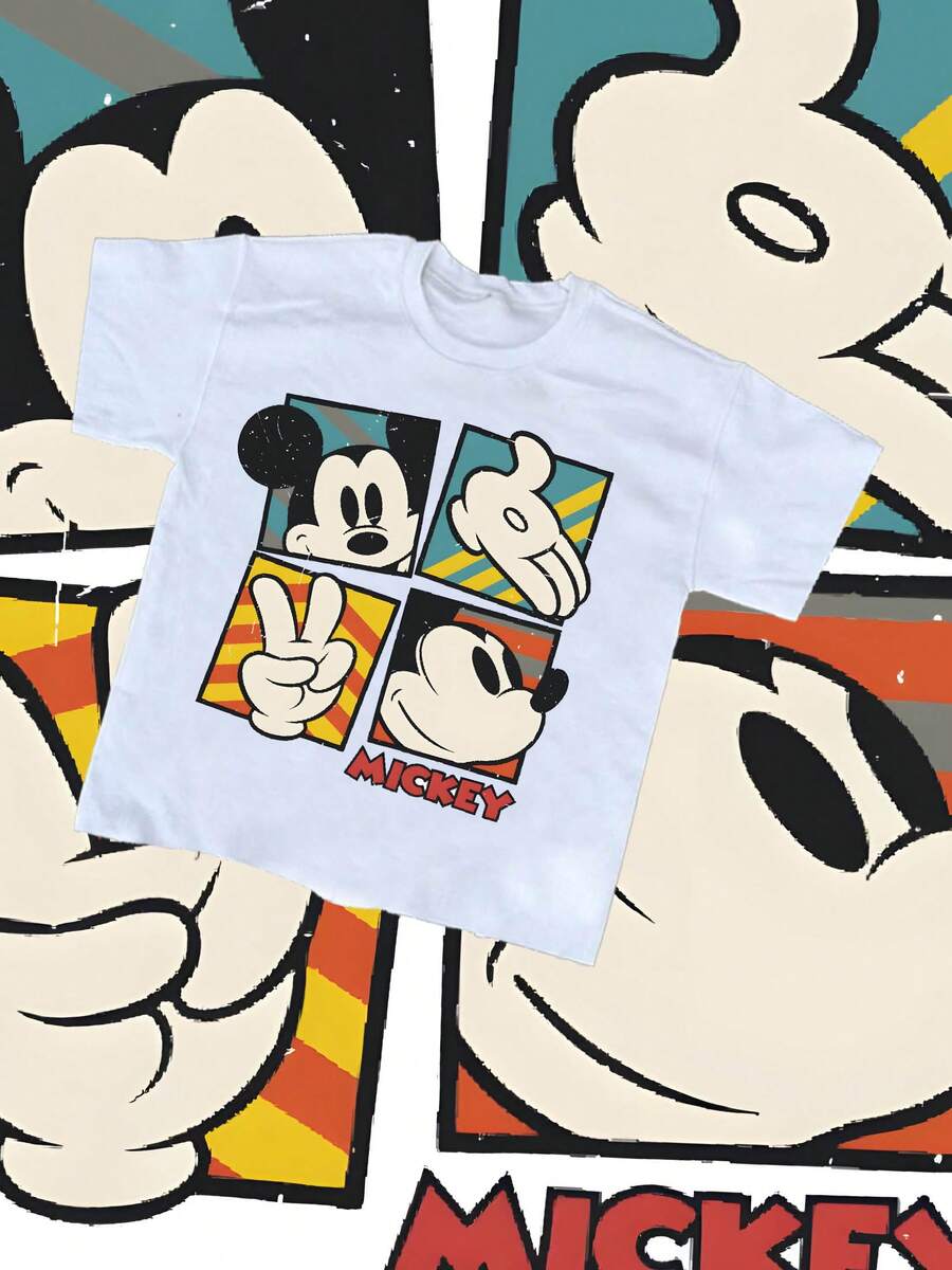 T-shirt d'été créatif à manches courtes pour homme Disney Mickey Mouse, effet vieilli, coupe unique, tissu pur coton, confortable et respirant, style streetwear décontracté, col rond ; une marque de mode de haute qualité, un cadeau surprise idéal pour la famille et les amis. - Blanc - Voir 1