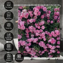 1件花园粉色浴帘，饰有粉色和红色花朵以及绿色叶子，采用涤纶材质，防水，适合家居和浴室装饰，配有12个挂钩。 - A - 查看 5