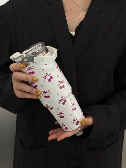 30盎司带手柄保温不锈钢杯，樱桃印花，双吸嘴杯盖，防漏旅行杯，适合户外健身