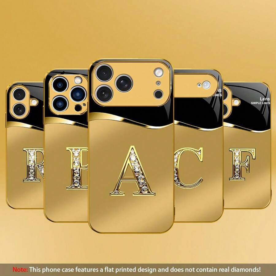 Sujeto al producto real, no es un diseño 3D, adecuado para iPhone 17 16 15 14 13 12 11 Ais/Pro/Max/Plus. Nueva funda de teléfono móvil de alta gama con letras doradas de vidrio, pintura metálica, funda de vidrio dorado galvanizado, precio asequible, anticaídas, antihuellas 995. - G - Ver 1