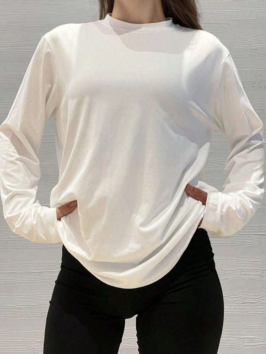 Small Shoulder Drop Long-Sleeve T-Shirt Solid Color Black Loose Casual - Màu Hồng Tươi - Xem 1