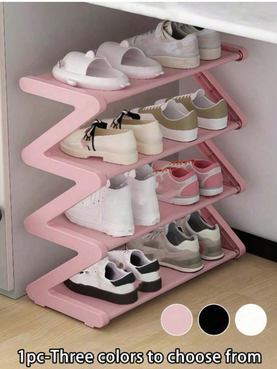 1pc 4-Tier Z-Shaped Shoe Rack, Plastic Freestanding Storage Shelf, Multi-Function High Capacity Storage Rack, Easy Assembly Floor Standing, No Tools Required, Stackable, Essential For Home & Dorm, Space Saving, Organizer For Shoes, Boots & Miscellaneous, Suitable For Hallway, Wardrobe, Living Room, Bedroom