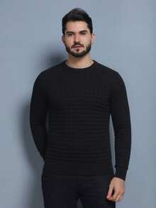 Men's Plain Square Knit Sweater, Round Neck, Long Sleeve, Thick Wool Sweater. - Black - View 5