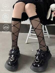 1双女士黑色格子薄纱过膝袜，超薄夏季款式，日常穿搭必备 - 彩色 - 查看 1