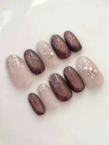 10 pièces d'autocollants d'ongles français ovales faits à la main, marron et blanc avec décoration dorée, réutilisables, convenant aux femmes pour les vacances ou les occasions spéciales - Marron fonçé - Voir 2