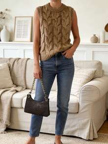 Women's Casual Solid Color Crew Neck Sleeveless Knit Tank Top, Spring/Autumn - Khaki - View 8