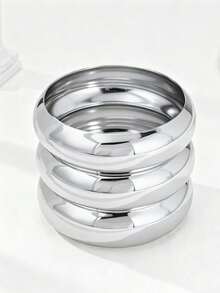 3pcs/Set Silver Metal Thick Bangle Bracelet Set, Stackable Bracelets For Women - Silver - View 4