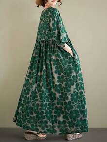 AZAH Plus Size Green Floral Print Long Dress, Round Neck Batwing Short Sleeve Woven A-Line Skirt With Pockets, Casual Bohemian Beach Dress, 2026 New Summer Dress For Women Elegant - Green - View 7
