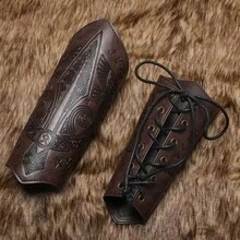 2pcs Medieval PU Leather Bracelets, With Intricate Embossing, Viking-Style Faux Leather Arm Guards, Halloween Costume Accessories - A - View 5