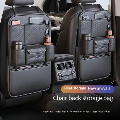 1pc High-Quality Black PU Leather Car Seat Back Storage Bag, Large Capacity With 2 Cup Holders & Tissue Box, Multi-Functional Organizer For Water Bottles, Tablets & Accessories, Convenient Rear Seat Storage