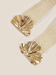 1条波西米亚风女士弹力腰带，西部风格腰带，女士腰带，波西米亚夏季度假风，雕花金色花朵金属扣编织弹力卡其色腰带，可搭配裙子、裤子，适合海滩度假、派对、节日礼物、生日礼物、日常通勤。 - 米色 - 查看 3