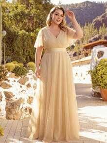 EVERPRETTY 优雅雪纺褶皱胸部高腰香槟色伴娘礼服，春夏婚礼宾客正式礼服，新娘母亲婚礼派对礼服 - 香檳色 - 查看 4