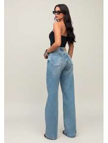 Women's Wide-Leg High-Waisted Jeans - Màu xanh lam - Xem 2