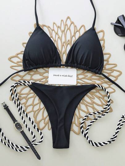 2 件套撞色纯色性感交叉系带女士泳衣比基尼，适合海滩、度假村、舞台和音乐会，夏季