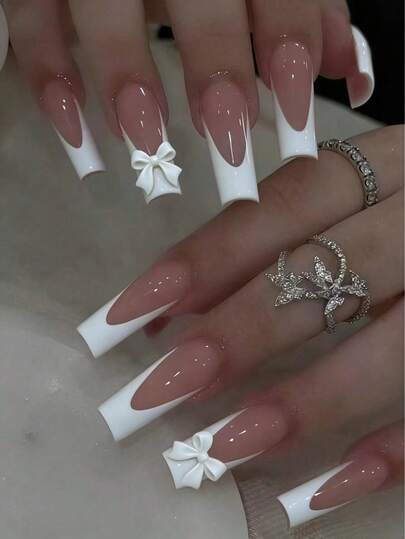 24pcs Long Square Elegant Minimalist Press-On Nails, White French Design With White Bow Decor, Includes 1 Nail File And 1 Jelly Gel, Suitable For Parties, Dates, And Everyday Wear