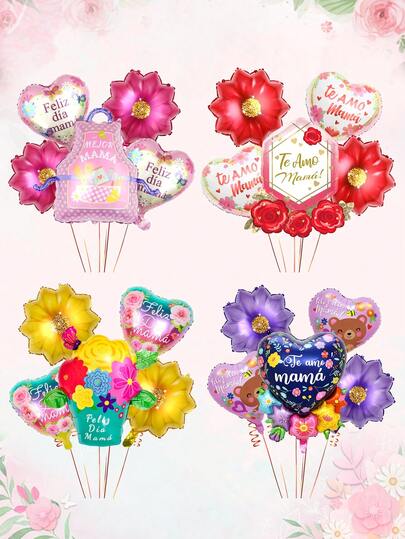 5pcs Spanish Happy Mother's Day Balloon Set, Including Mother's Day Apron, Rose Diamond, Flower Bed, Heart Flower Foil Balloons, Suitable For Mother's Day Decoration, Indoor/Outdoor Decor, Photo Props, Gift For Mom, Best Mom, Mom's Birthday Party Supplies