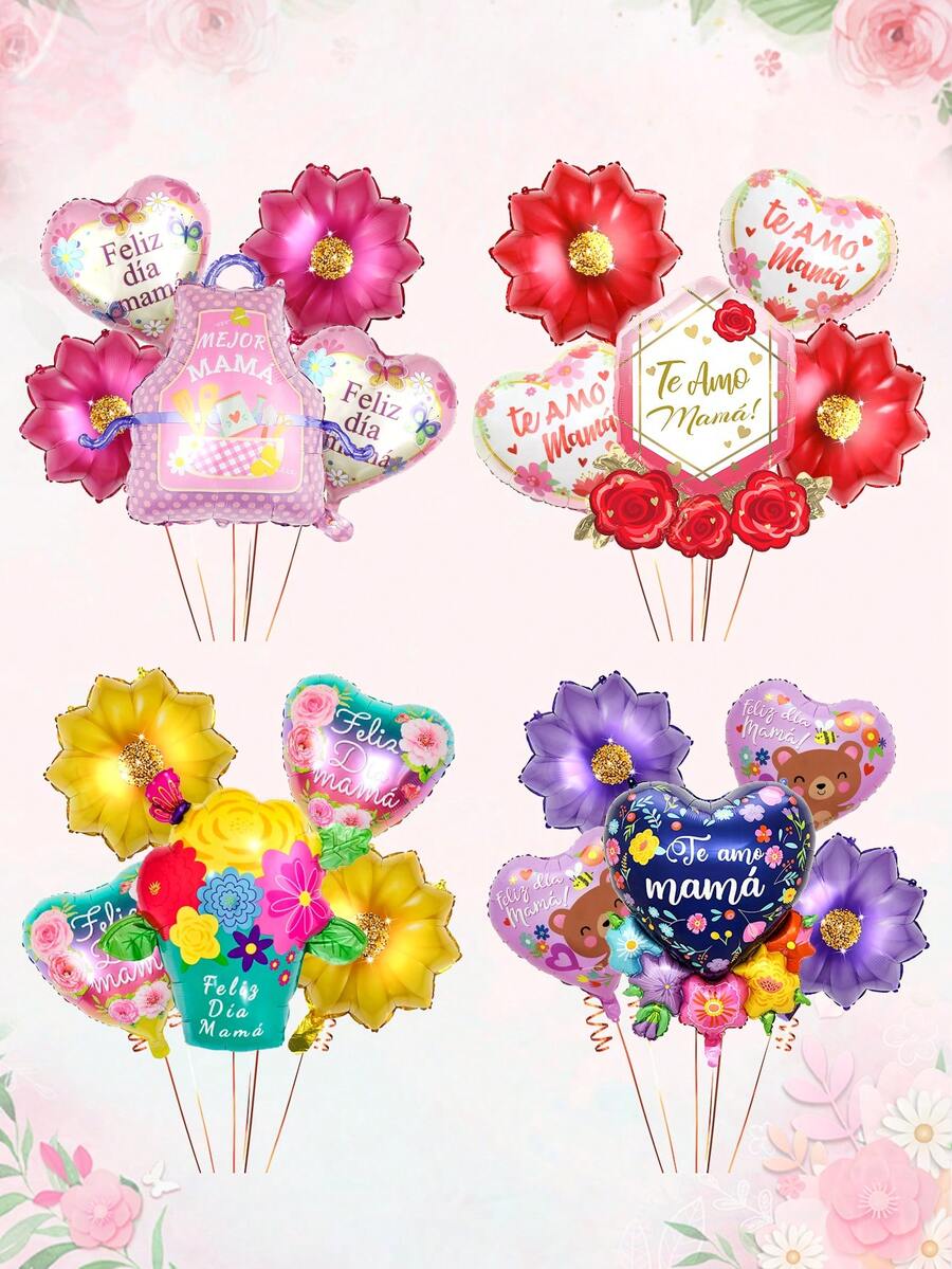Bộ 5 bóng bay chủ đề Ngày của Mẹ bằng tiếng Tây Ban Nha, bao gồm bóng bay hình tạp dề, hoa hồng đính kim cương, luống hoa và hoa hình trái tim, thích hợp để trang trí Ngày của Mẹ, trang trí trong nhà/ngoài trời, làm đạo cụ chụp ảnh, quà tặng cho mẹ, người mẹ tuyệt vời nhất, đồ dùng cho tiệc sinh nhật của mẹ. - Nhiều màu - Xem 1