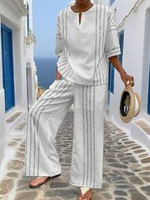 Bộ đồ nữ 2 món gồm áo thun ngắn tay cổ tròn kẻ sọc dọc thanh lịch, kiểu dáng Bohemian, chất liệu vải lanh, thích hợp cho mùa tựu trường, bộ đồ thường ngày hoàn hảo, áo và quần thời trang mùa hè. - Trắng 2 - Xem 4