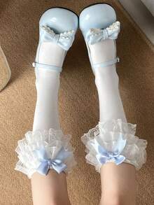 1 par de calcetines altos hasta la rodilla de mujer, de primavera/verano, finos, lindos, con volantes de encaje y moño, versátiles para fiestas y uso diario - Blanco - Ver 3