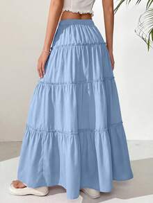 Women Casual Elastic High Waist Drawstring Pleated Layered Flowy Long Skirt Summer Boho Beach Vacation Holiday Going Out Valentine Maxi Skirt Outfits - 藍色 - 查看 2