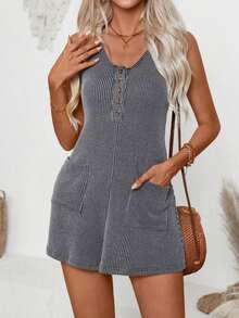 Mono de verano para mujer, mono casual de unicolor sin mangas acanalado con bolsillos, elegante - Gris Oscuro - Ver 4