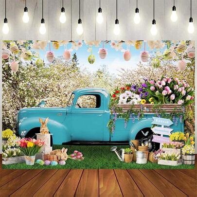 1 pieza Fondo de fotografía de Pascua de primavera con camión azul, huevos coloridos, flores, conejo, fondo de tulipanes, flores y bosque para estudio fotográfico y decoración