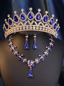 1/3/4pcs Rhinestone Queen Tiara & Jewelry Set - Zinc Alloy Crown, Rhinestone Necklace And Earrings, Suitable For Women Wedding, Dress And Events - Blue - View 2