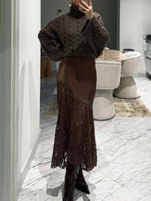 Gonna mini in raso con inserti in pizzo, con zip e design traforato, elegante e chic, adatta alla primavera per le donne - Castano - Visualizzare 4
