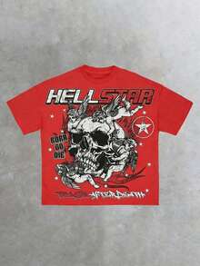 Hellstars Skull Angel Gothic Graphic Y2K Graphic T-Shirt,220g 100% Cotton,Round Neck Short Sleeve,Black Streetwear Essential For Summer Going Out,Unisex Style - 紅色 - 查看 1