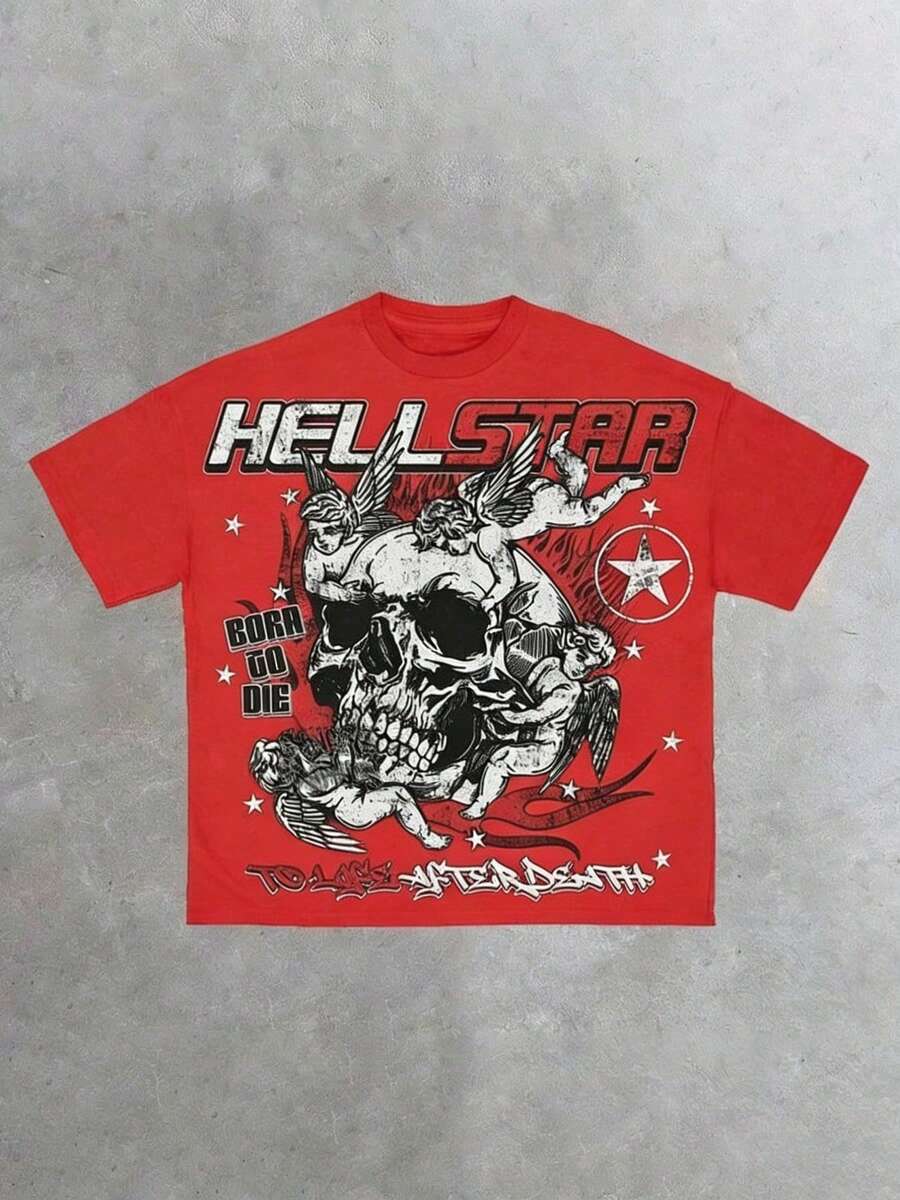Hellstars Skull Angel Gothic Graphic Y2K Graphic T-Shirt,220g 100% Cotton,Round Neck Short Sleeve,Black Streetwear Essential For Summer Going Out,Unisex Style - 紅色 - 查看 1