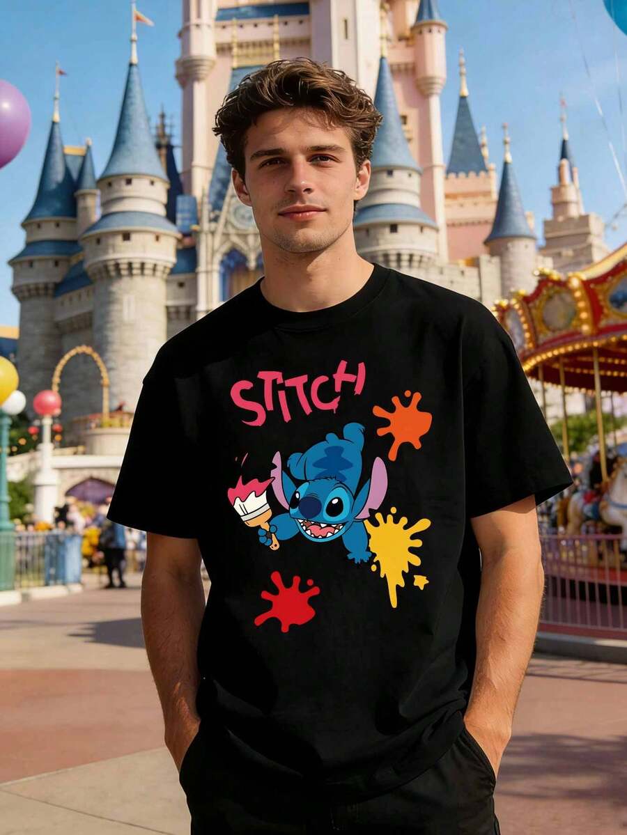 Disney Lilo & Stitch Men's T-Shirt, Featuring Stitch Holding A Paintbrush And A Colorful Splatter Pattern, Is A Casual Cotton Crew Neck Short-Sleeved Shirt Suitable For Men And Women To Wear For Everyday Outings, Commutes, And Parties. - Black - View 1
